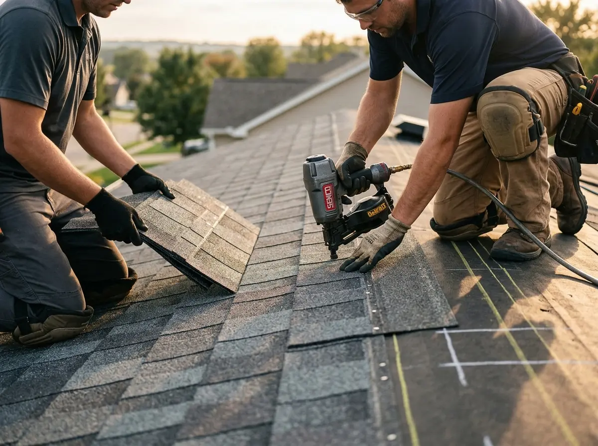 Professional roofer working on a residential roof in Jesup